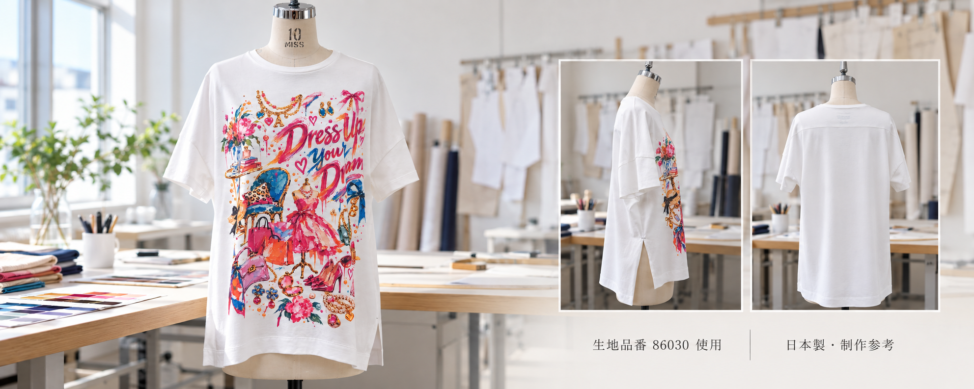 日本製制作参考。正面を大きく、横と背面を小さく並べた86030使用のTシャツ